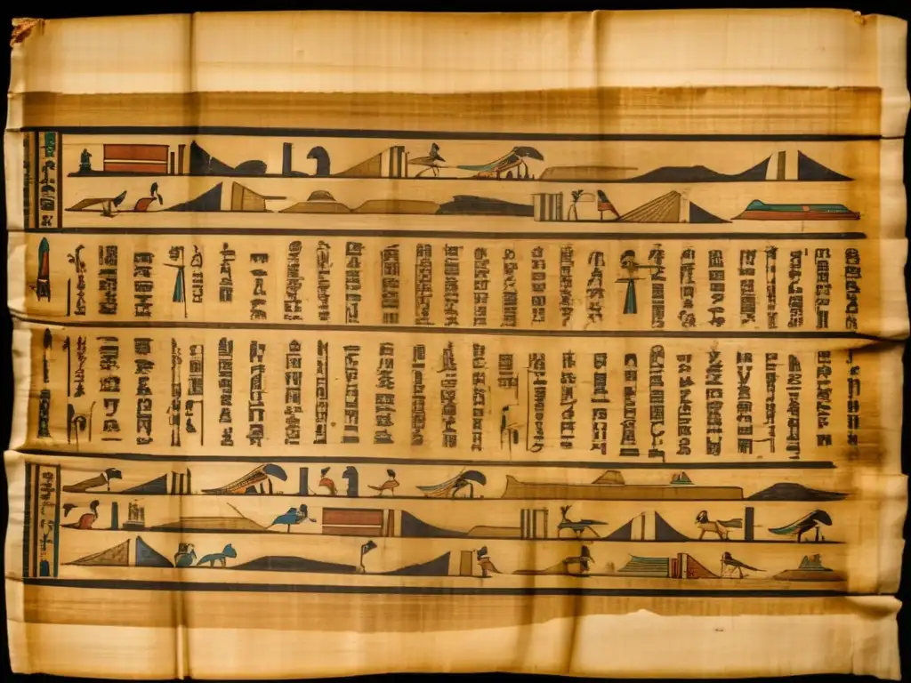 Antiguo papiro egipcio desgastado, con las Enseñanzas de Amenemope para rectitud en elegantes jeroglíficos