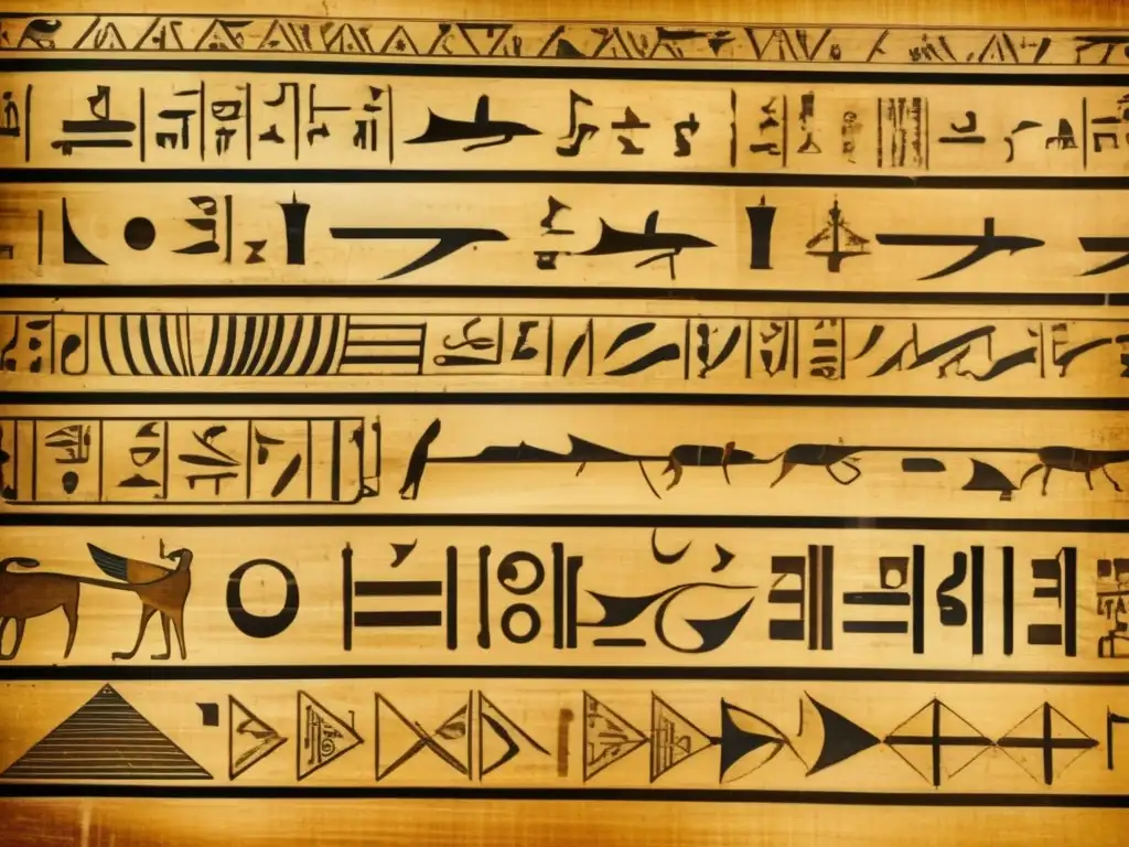 Un antiguo papiro egipcio desgastado y envejecido muestra jeroglíficos intrincados que representan problemas matemáticos del antiguo Egipto
