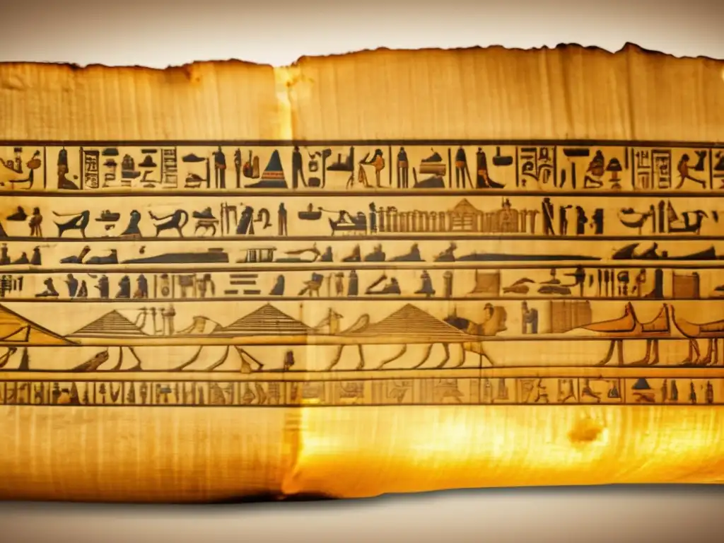 Antiguo papiro egipcio desplegado, iluminado por una suave luz dorada