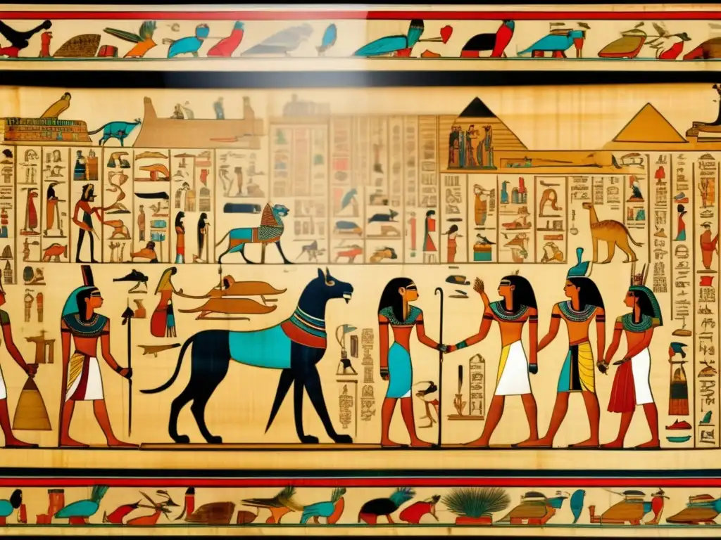 Un antiguo papiro egipcio desplegado, con inscripciones y dibujos detallados de la vida egipcia