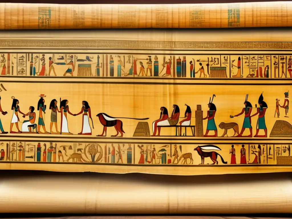 Un antiguo papiro egipcio desplegado con delicadeza en una mesa de madera