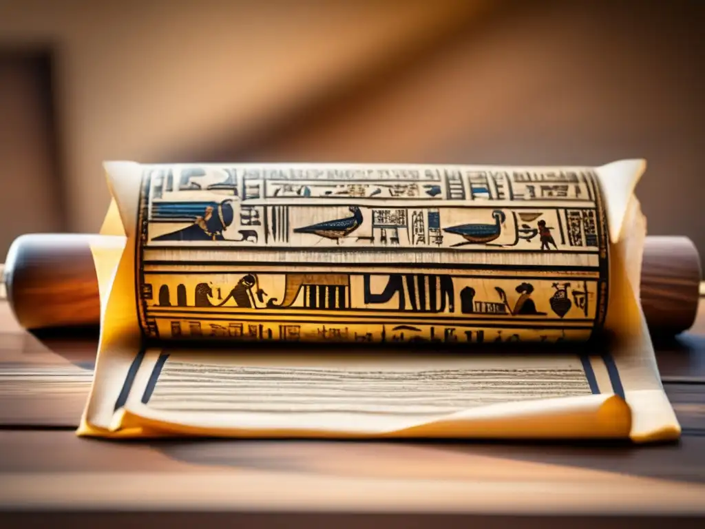 Un antiguo papiro egipcio desplegado sobre una mesa de madera, con detalles meticulosos de la vida cotidiana en vibrantes ilustraciones e intrincadas jeroglíficos