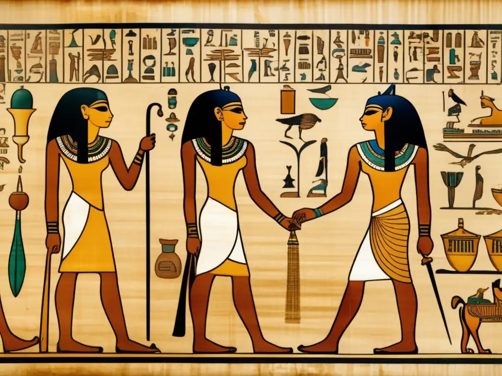 Un antiguo papiro egipcio desplegado muestra hieroglíficos detallados sobre el cuidado femenino en Egipto antiguo