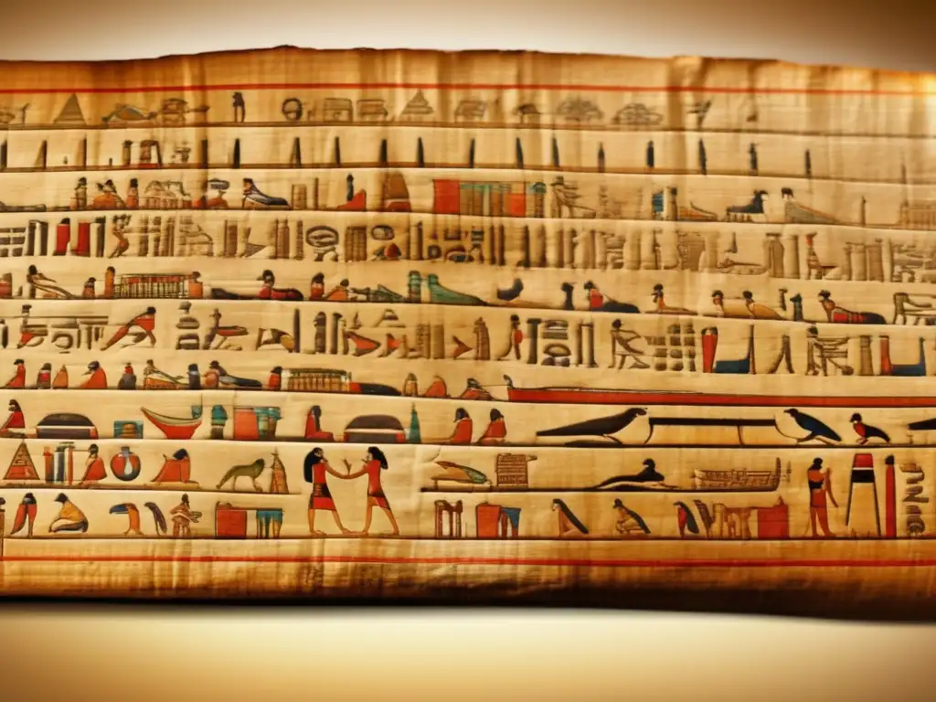 Un antiguo papiro egipcio desplegado con delicadeza, iluminado por una cálida luz