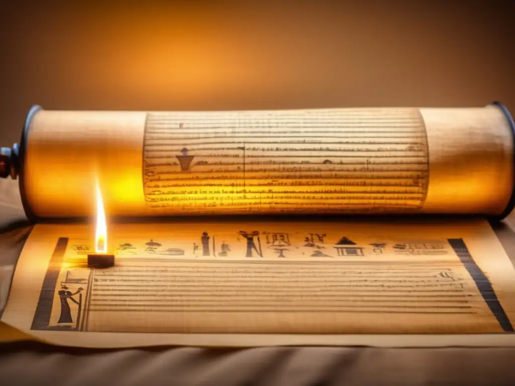 Un antiguo papiro egipcio desplegado y iluminado suavemente revela la evolución del lenguaje egipcio