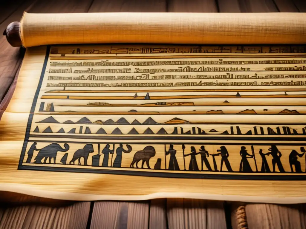 Un antiguo papiro egipcio desplegado en una mesa de madera, revela la evolución y la influencia del alfabeto egipcio en sistemas modernos