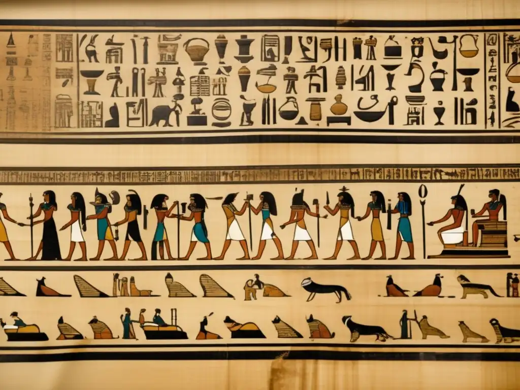 Un antiguo papiro egipcio desplegado, con jeroglíficos detallados, ilustraciones desgastadas y terminología técnica en textos egipcios sobre artesanía