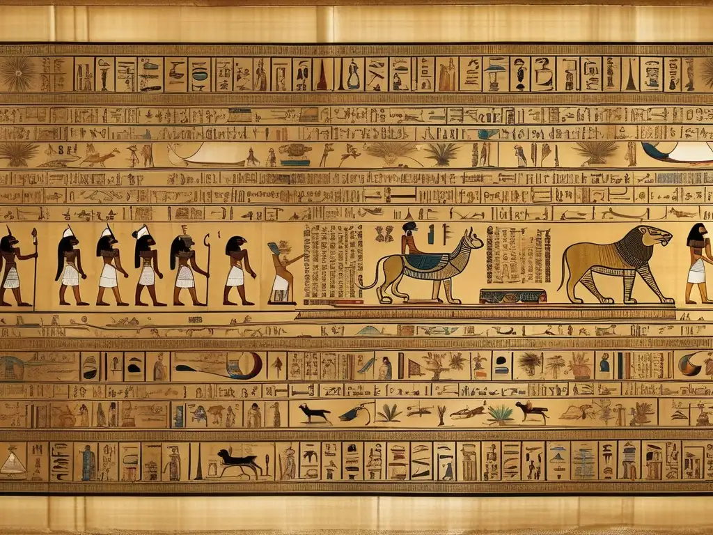 Antiguo papiro egipcio desplegado, revelando ilustraciones astronómicas y textos jeroglíficos