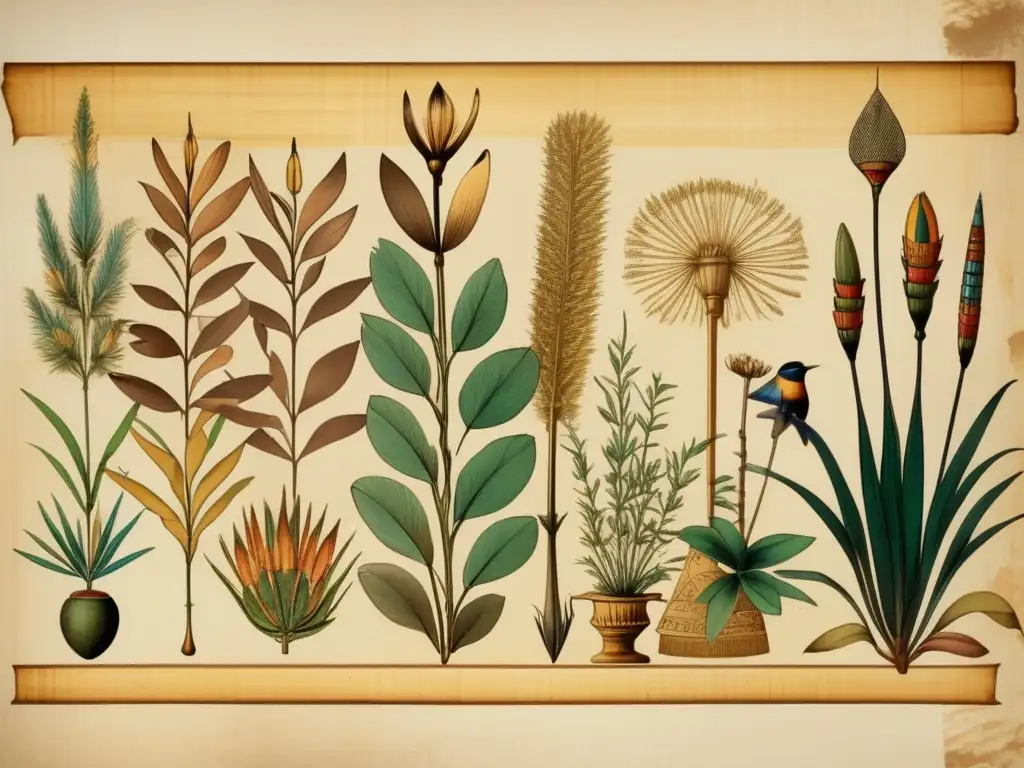 Un antiguo papiro egipcio desplegado, revelando delicadas ilustraciones botánicas de variadas especies de plantas