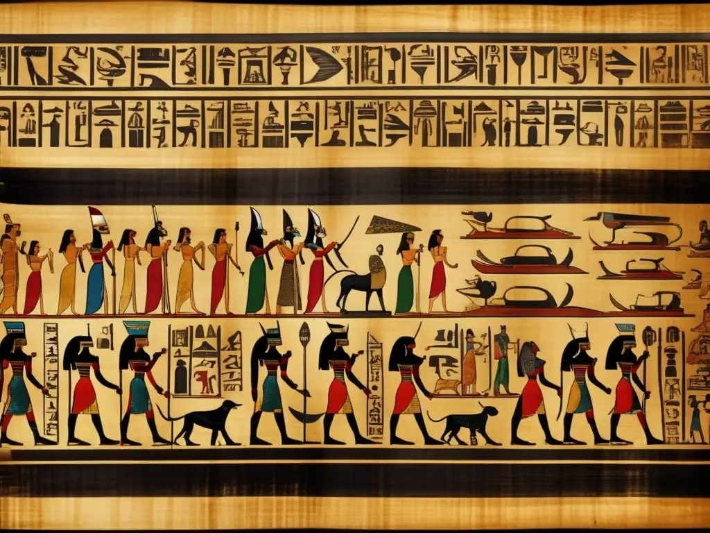 Un antiguo papiro egipcio, desplegado con delicadeza sobre terciopelo, revela jeroglíficos meticulosamente inscritos en tinta negra