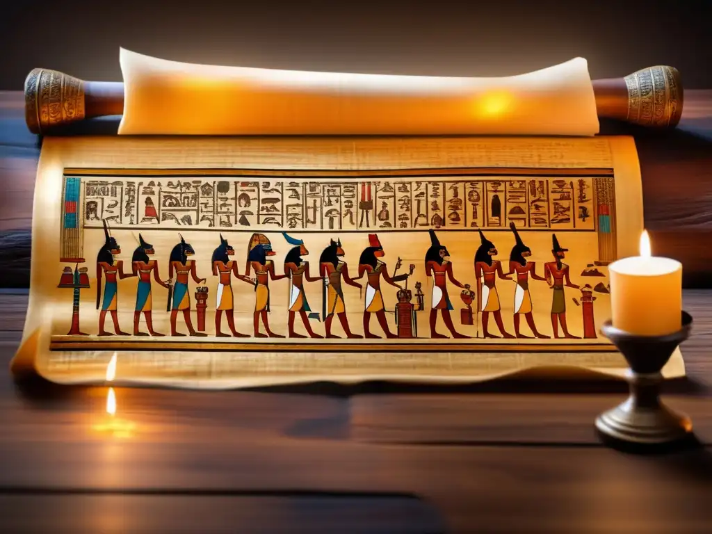 Un antiguo papiro egipcio desplegado con delicadeza sobre una mesa de madera oscura