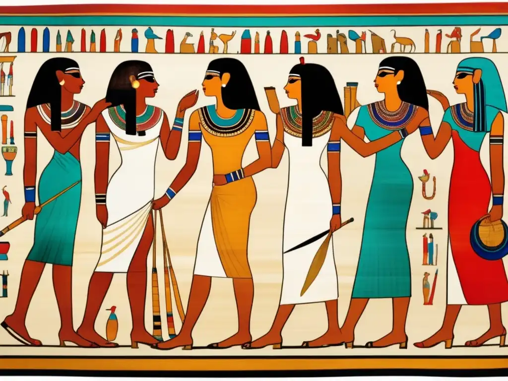 Un antiguo papiro egipcio desplegado muestra escenas de cuidado femenino en Egipto antiguo