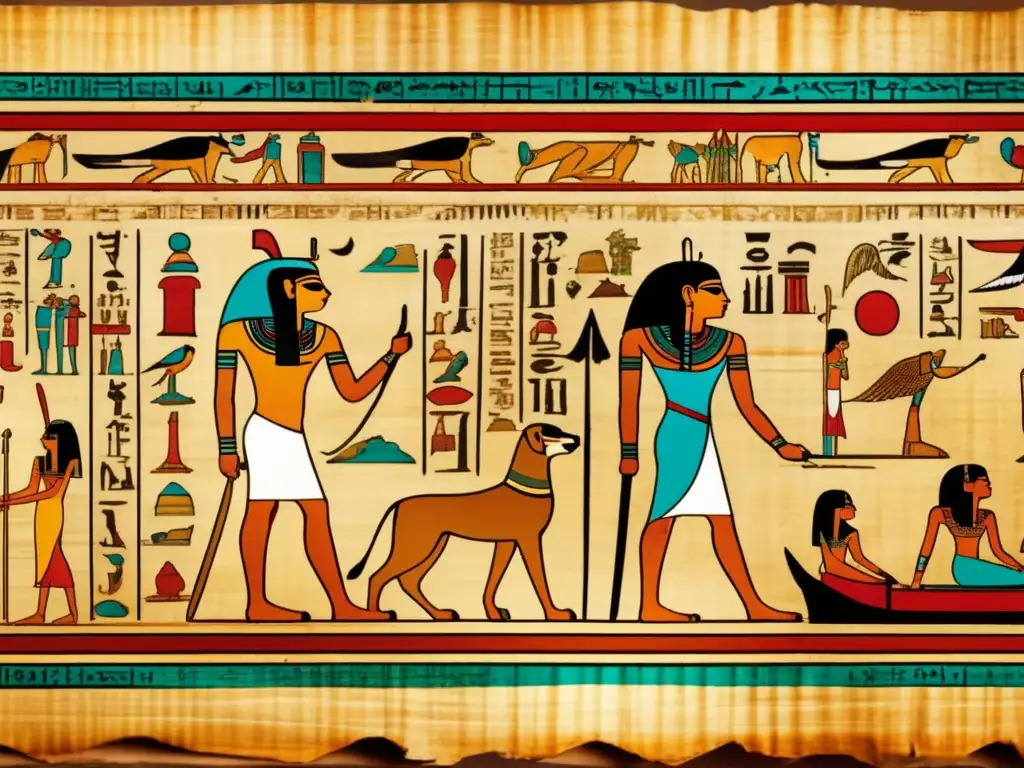 Un antiguo papiro egipcio desplegado muestra coloridas ilustraciones y jeroglíficos, revelando las claves para la vida eterna en Egipto