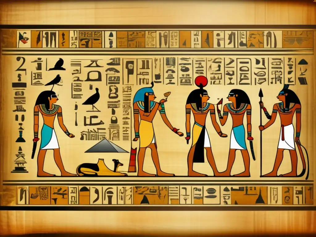 Un antiguo papiro egipcio desplegado, lleno de jeroglíficos e intrincados detalles