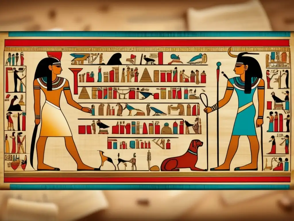 Antiguo papiro egipcio desplegado, muestra cardiología en el Antiguo Egipto con detalles intrincados y atmósfera vintage