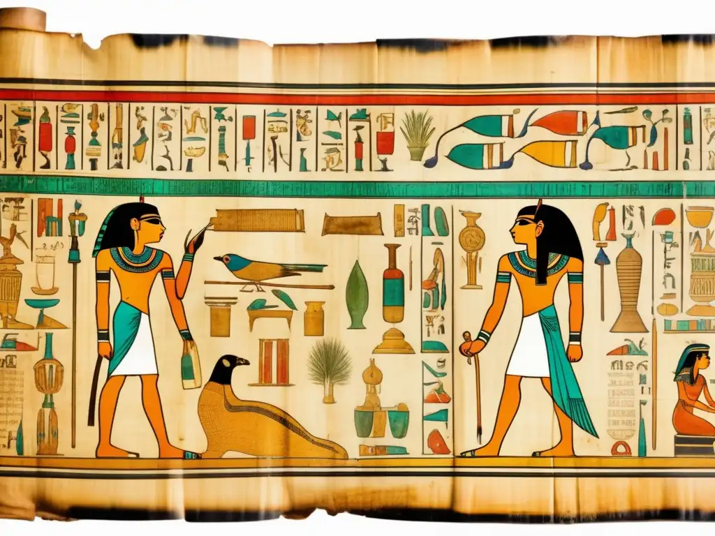 Antiguo papiro egipcio con detalladas inscripciones medicinales