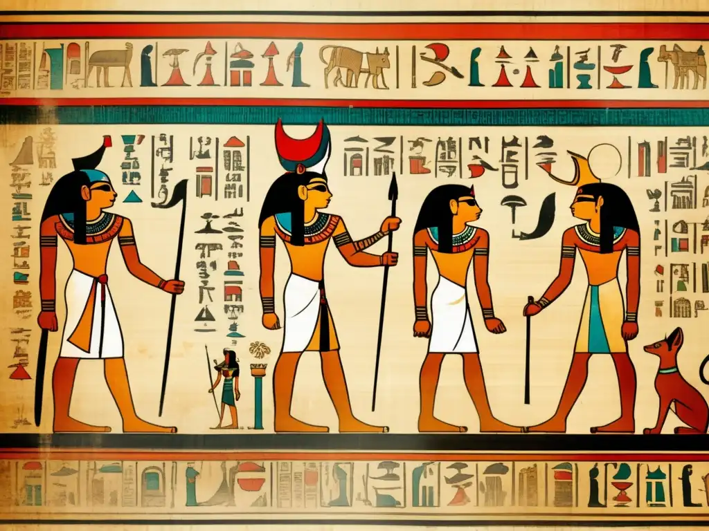 Un antiguo papiro egipcio detallado con inscripciones y ilustraciones de interacciones diplomáticas entre Egipto y otras civilizaciones