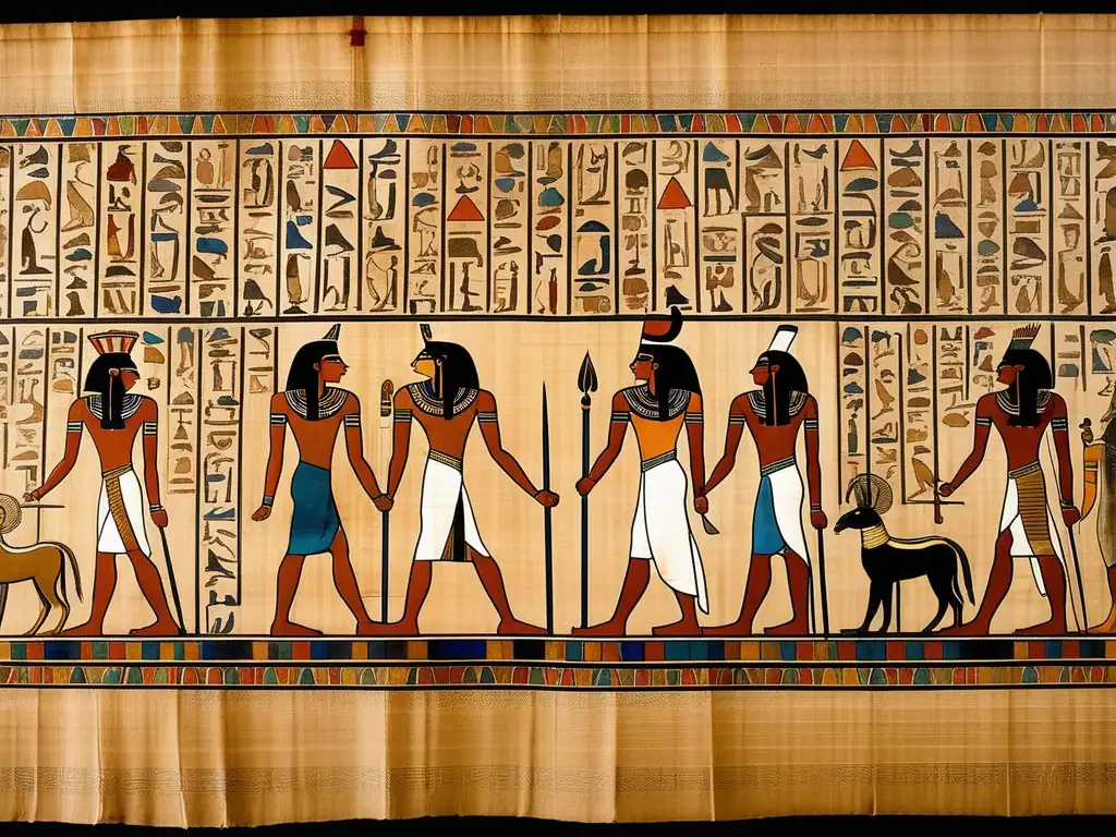 Un antiguo papiro egipcio detallado y delicadamente preservado, con inscripciones jeroglíficas desvanecidas pero intrincadas