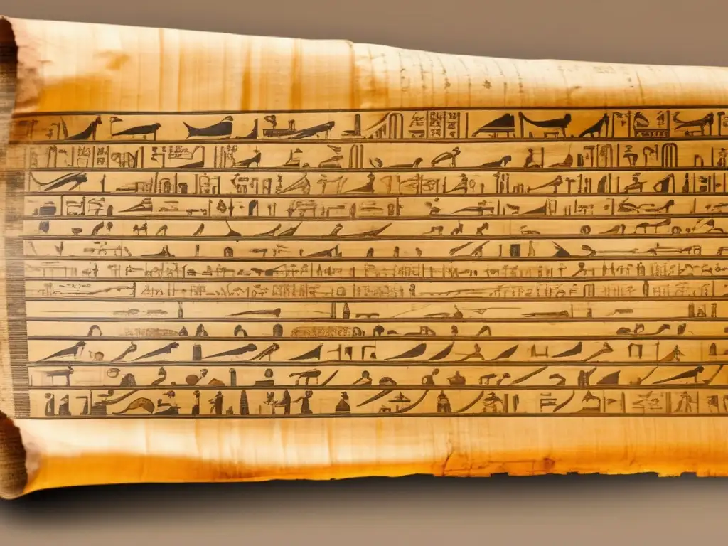 Un antiguo papiro egipcio detallado muestra escrituras hieráticas y demóticas desgastadas y borrosas