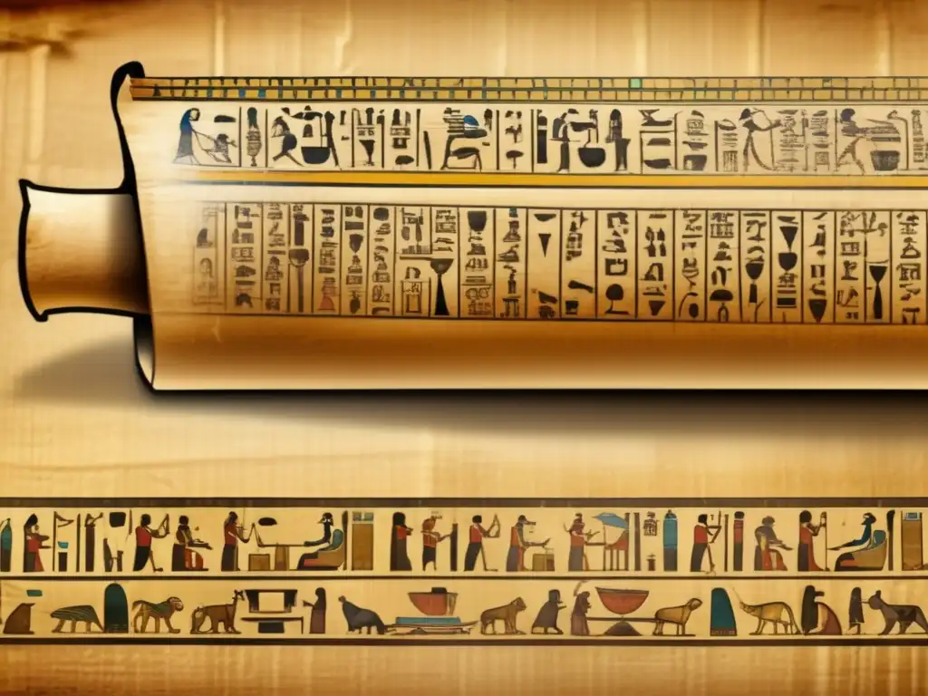 Un antiguo papiro egipcio, con detalles y jeroglíficos exquisitos, desenrollado parcialmente