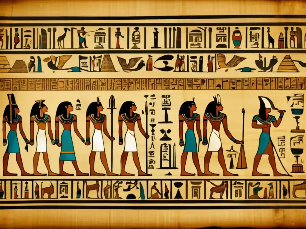 Un antiguo papiro egipcio con detalles y jeroglíficos intrincados, representa visualmente a los gobernantes del Tercer Periodo Intermedio en Egipto