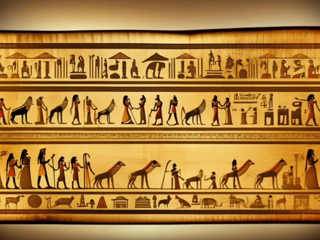 Un antiguo papiro egipcio en alta definición 8K, envejecido con un filtro vintage, despliega su belleza ante los ojos del espectador