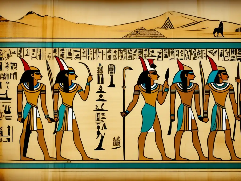 Descubre la majestuosidad de los guardias egipcios en un antiguo pergamino Un antiguo papiro egipcio despliega ante nuestros ojos una historia de seguridad en el Antiguo Egipto