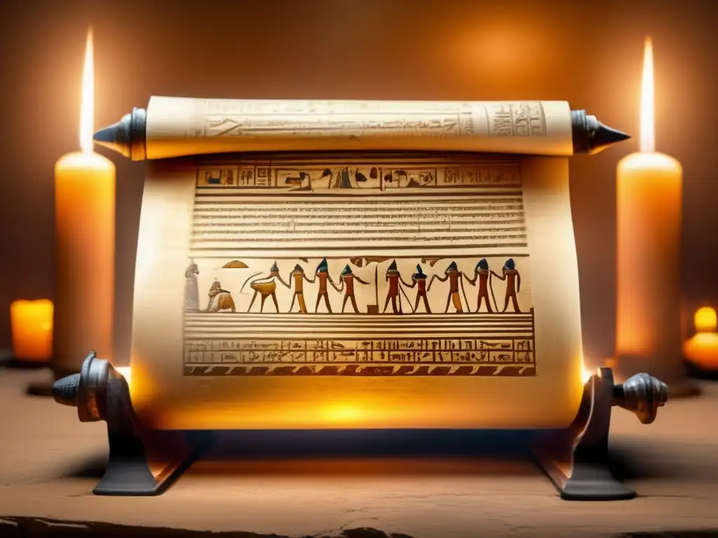 Un antiguo papiro egipcio se despliega sobre un pedestal de piedra, iluminado por velas