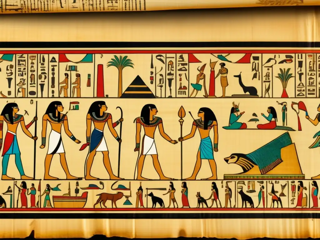 Un antiguo papiro egipcio del Segundo Periodo Intermedio se despliega ante tus ojos, revelando jeroglíficos e ilustraciones detalladas