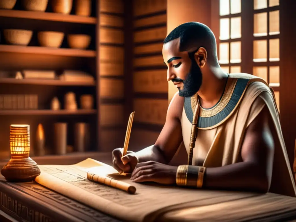 Escribiendo con maestría en un antiguo papiro, el escriba egipcio se concentra en su tarea en la penumbra de la habitación