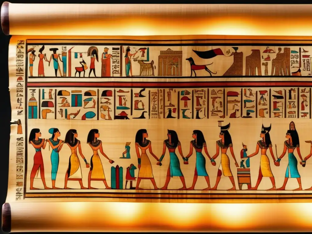 Un antiguo papiro de Egipto preservado con cuidado, desplegado sobre una mesa de madera oscura