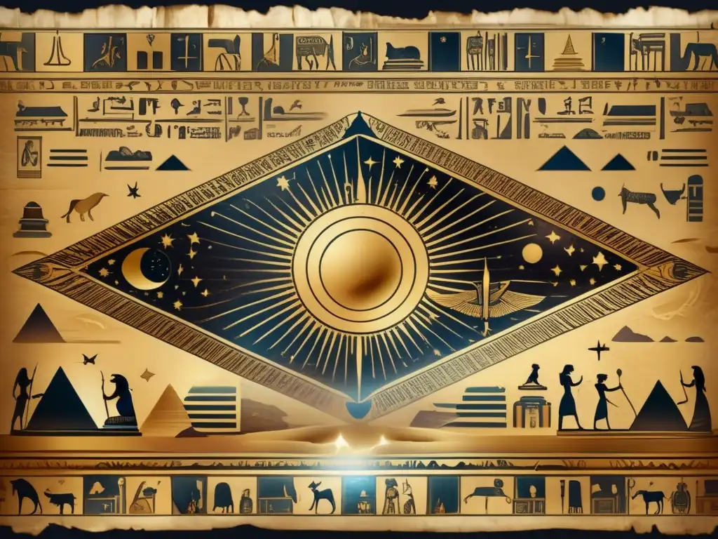 Un antiguo pergamino desenrollado con jeroglíficos egipcios que representan registros egipcios de fenómenos astronómicos