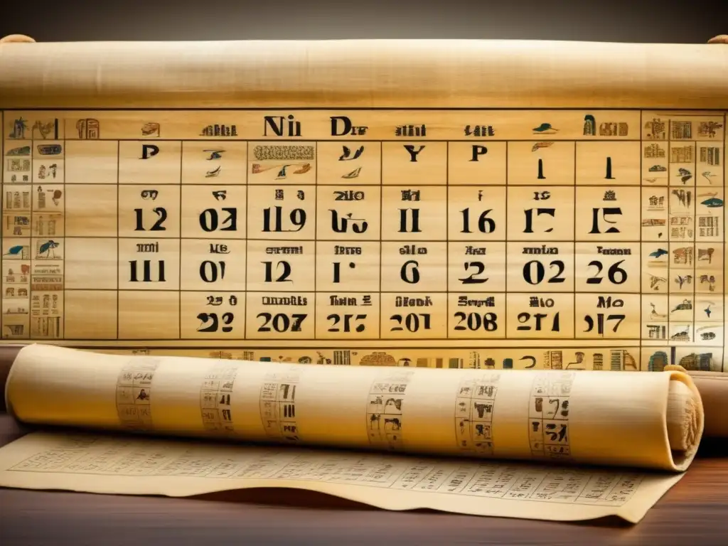 Un antiguo pergamino desplegado sobre una superficie de piedra desgastada muestra un calendario de festividades religiosas del Nilo en Egipto antiguo