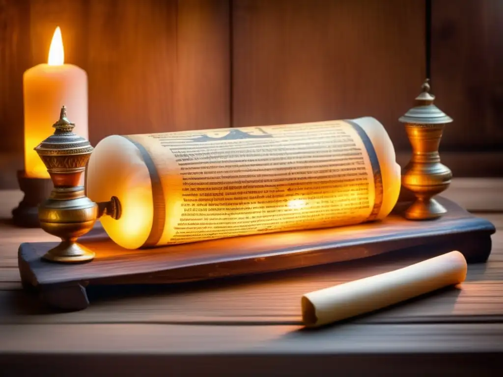 Un antiguo pergamino egipcio yace abierto en una mesa de madera desgastada, iluminado por la cálida luz de una lámpara de aceite