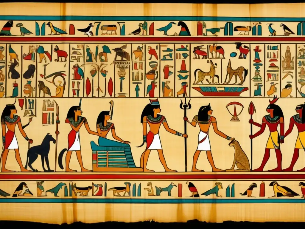 Un antiguo pergamino egipcio adornado con jeroglíficos detallados, muestra criaturas míticas de la mitología egipcia