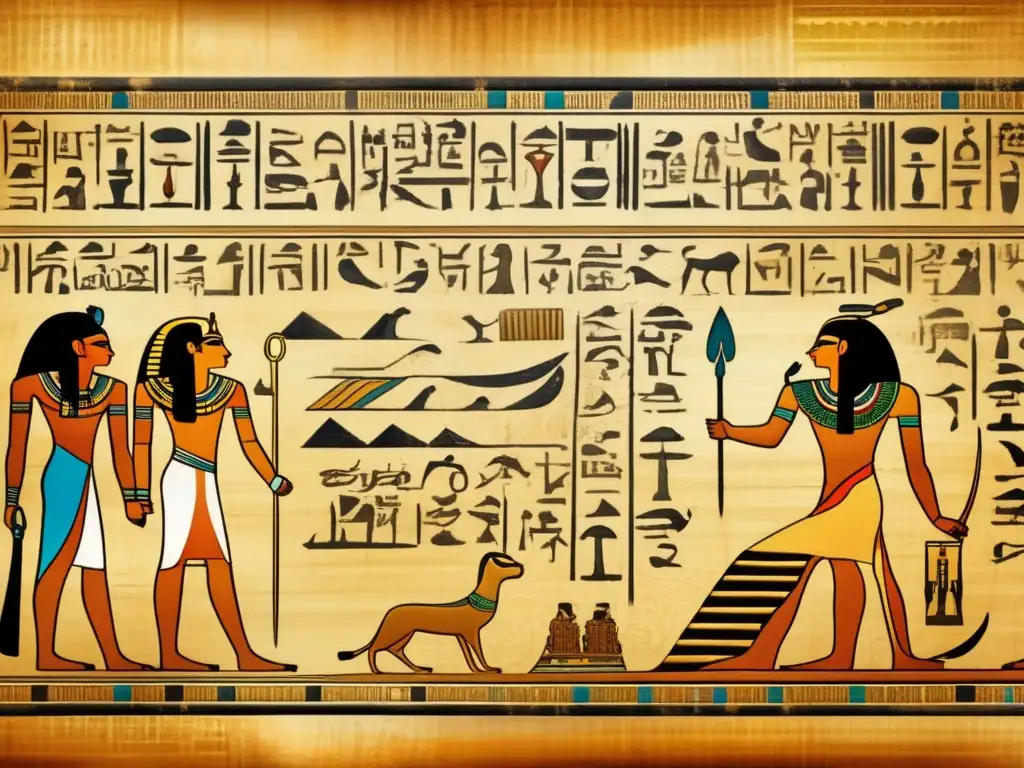 Un antiguo pergamino egipcio con bordes desgastados y una variedad fascinante de jeroglíficos