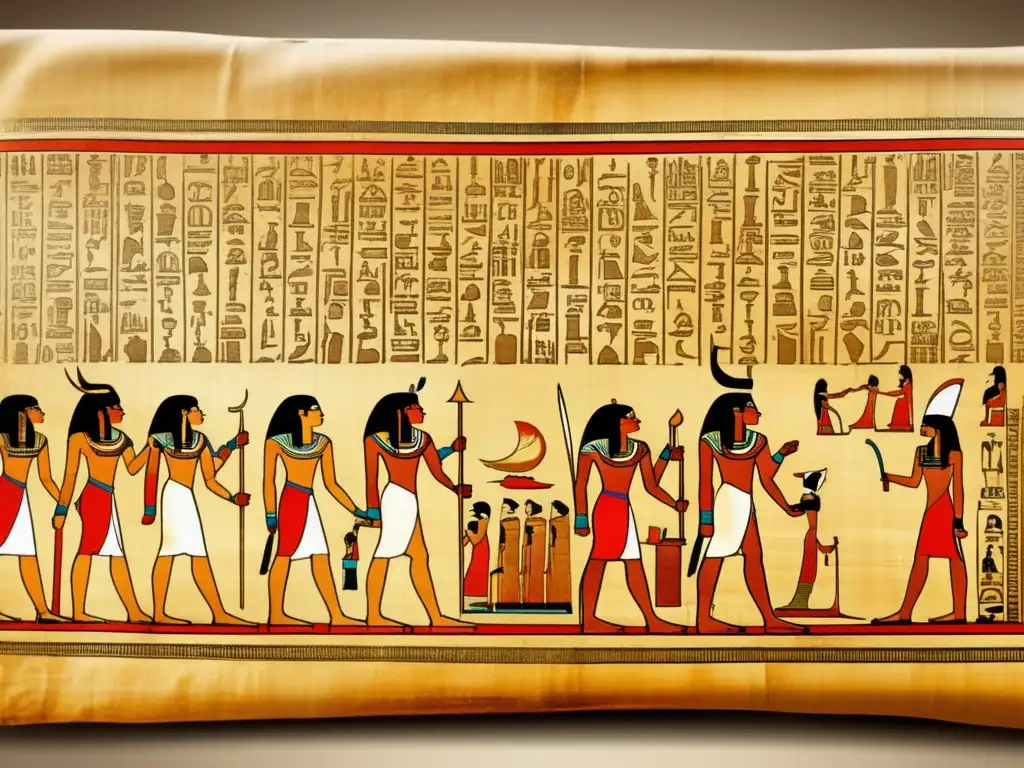 Un antiguo pergamino egipcio desenrollado, revelando jeroglíficos intrincados