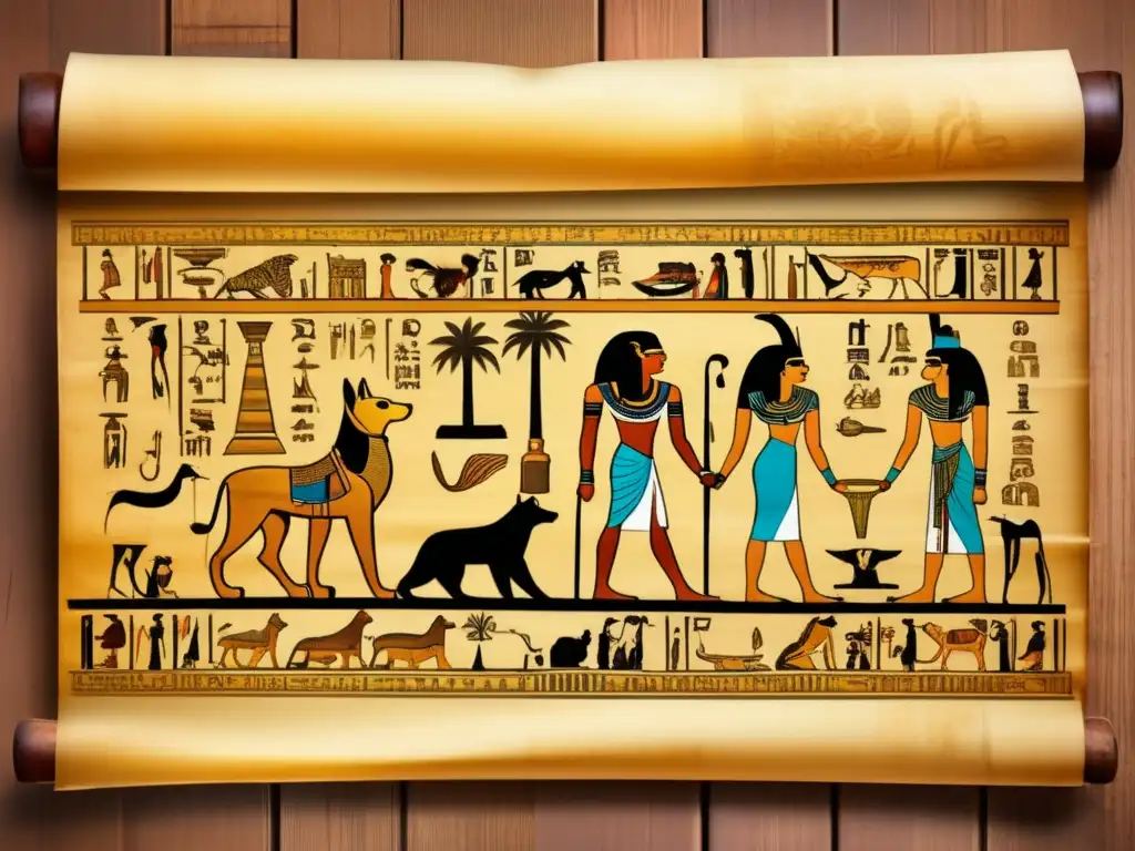 Un antiguo pergamino egipcio desenrollado con delicadeza sobre una mesa de madera