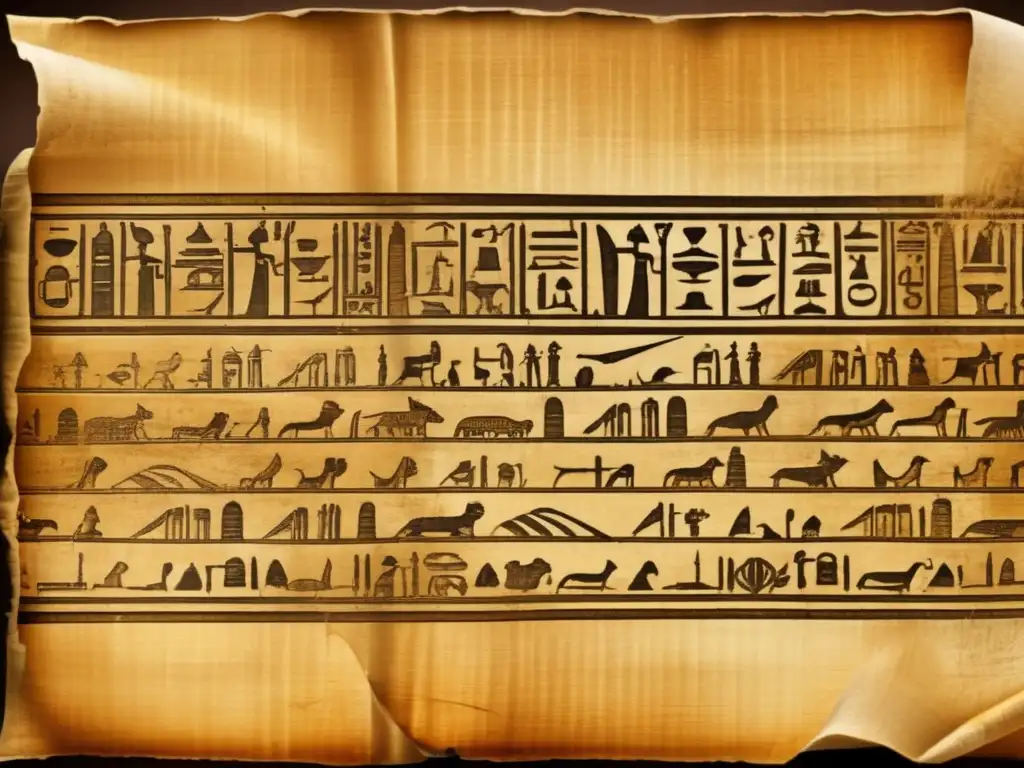 Un antiguo pergamino egipcio desenrollado del Segundo Periodo Intermedio, con hieroglíficos intrincados y un aspecto envejecido
