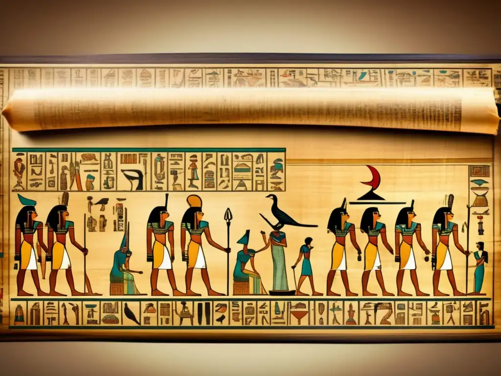 Un antiguo pergamino egipcio desenrollado en una mesa de madera, con hieroglíficos desvanecidos y ilustraciones intrincadas
