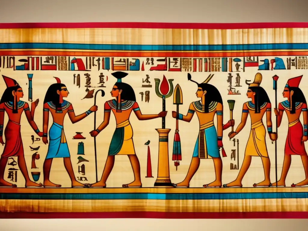 Antiguo pergamino egipcio desenrollado, con inscripciones hieroglíficas y escenas de pactos diplomáticos en vibrantes colores de oro, rojo y azul