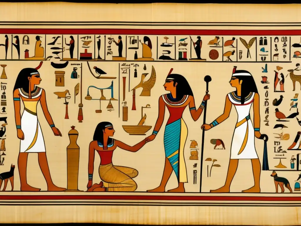 Un antiguo pergamino egipcio desplegado con cuidado muestra escenas de medicina ginecológica en Egipto antiguo