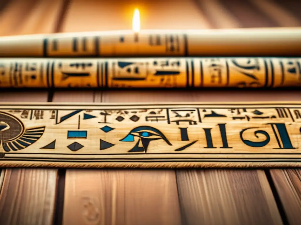 Un antiguo pergamino egipcio desplegado con jeroglíficos y símbolos matemáticos