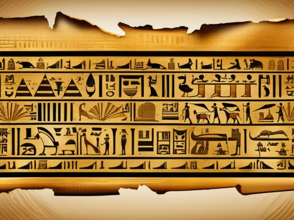 Un antiguo pergamino egipcio desplegado, adornado con intrincadas jeroglíficos en tonos sepia y dorado
