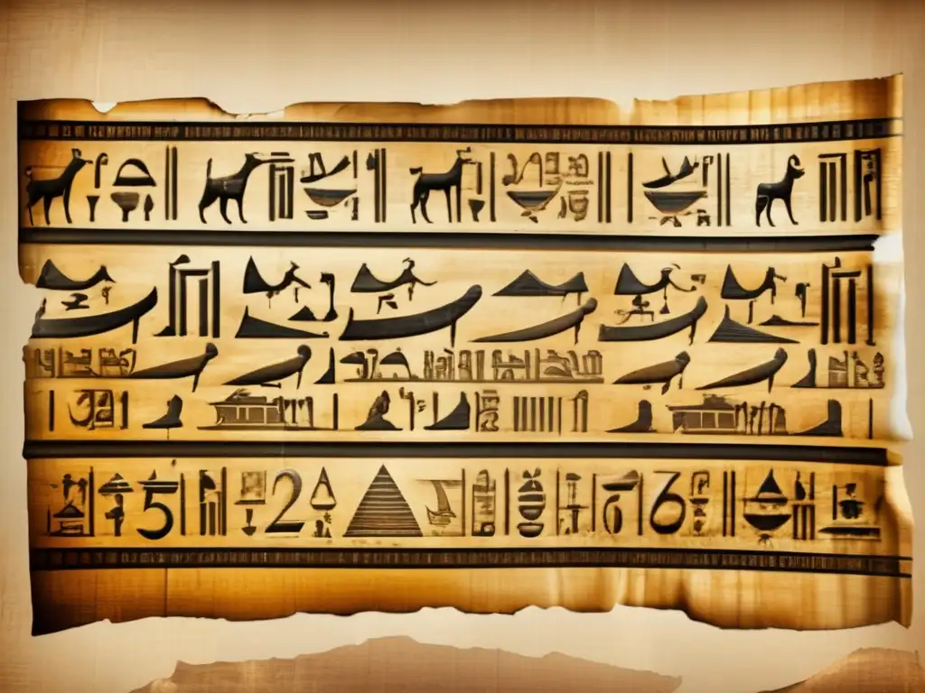 Antiguo pergamino egipcio desplegado, con jeroglíficos y símbolos numéricos intrincados