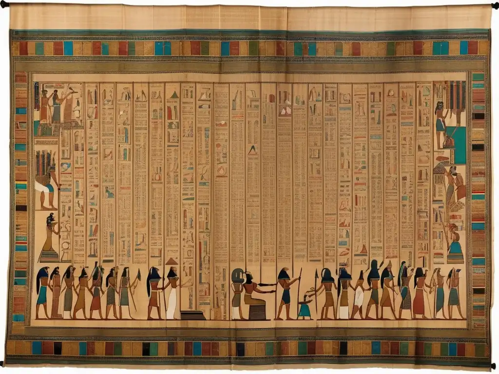 Un antiguo pergamino egipcio desplegado sobre madera, muestra escenas de diplomacia en el Segundo Periodo Intermedio Egipcio