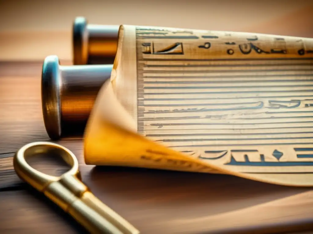Un antiguo pergamino egipcio desplegado sobre una mesa de madera, revela complejidad matemática en textos egipcios
