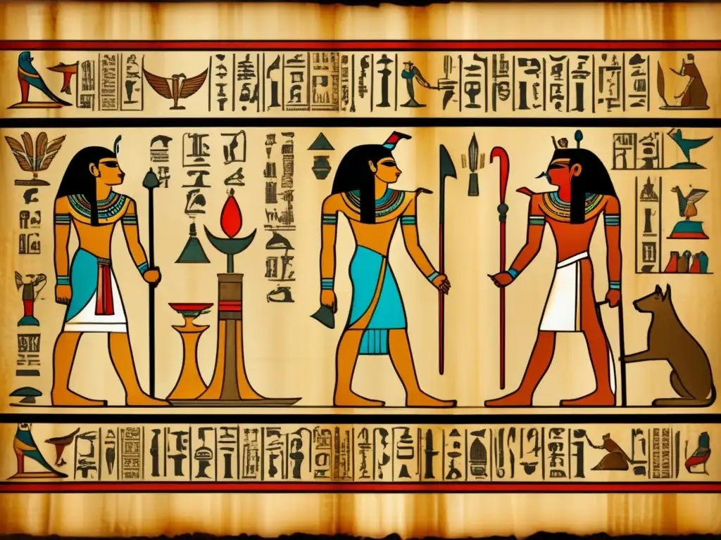 Un antiguo pergamino egipcio desplegado revela jeroglíficos intrincados que representan tratados históricos y alianzas
