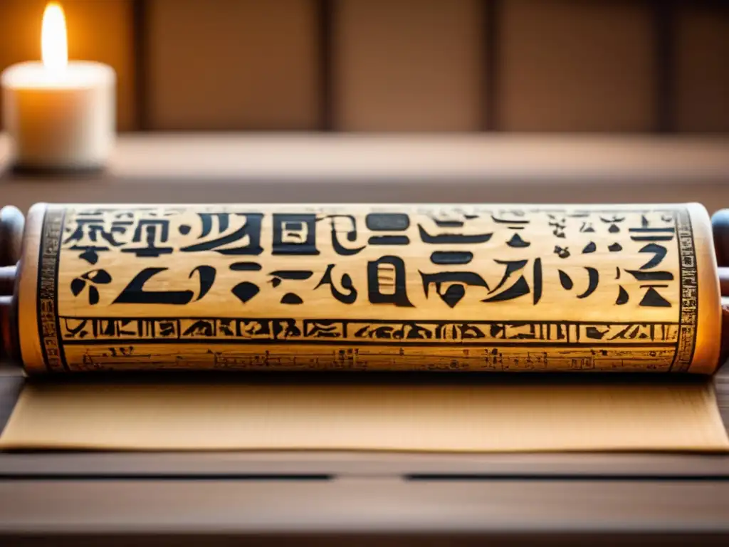 Un antiguo pergamino egipcio desplegado sobre una mesa de madera revela intrincadas inscripciones jeroglíficas en tinta negra