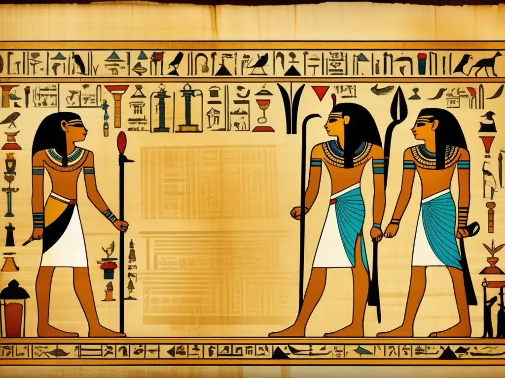 Un antiguo pergamino egipcio desplegado revela inscripciones jeroglíficas e ilustraciones encantadoras de hechizos y rituales